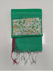 Teal Green Tussar Cotton Blend Saree with Magenta Border