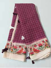 Wine Purple Linen Cotton Saree with Handcrafted Bird & Lotus Border