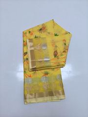 Yellow Kota Saree with Multicolor Floral Vine Design & Zari Border