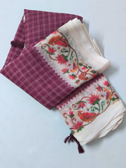 Wine Purple Linen Cotton Saree with Handcrafted Bird & Lotus Border