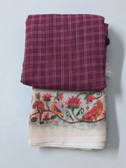 Wine Purple Linen Cotton Saree with Handcrafted Bird & Lotus Border