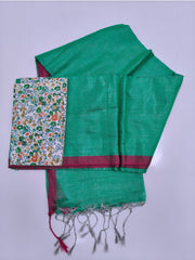 Teal Green Tussar Cotton Blend Saree with Magenta Border