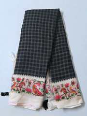 Classic Black Linen Cotton Saree with Handcrafted Bird Border