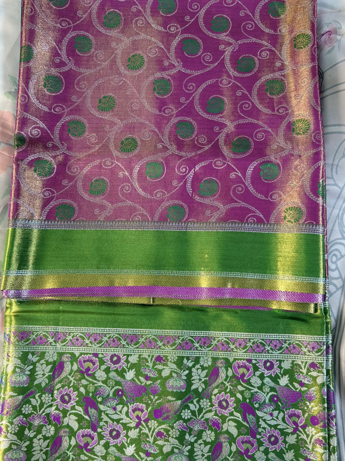 Purple & Parrot Green Tissue Gadwal Semi Silk Saree