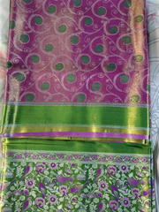 Purple & Parrot Green Tissue Gadwal Semi Silk Saree
