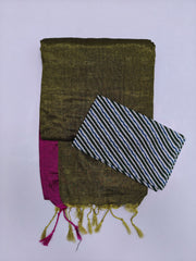 Olive Green Tussar Cotton Blend Saree with Magenta Border