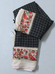 Classic Black Linen Cotton Saree with Handcrafted Bird Border