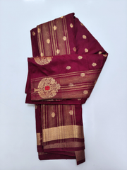 Wine Maroon Soft Silk Saree with Gold Zari Buttas & Floral Designer Pallu