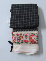 Classic Black Linen Cotton Saree with Handcrafted Bird Border