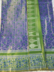 Royal Blue & Parrot Green Tissue Gadwal Semi Silk Saree